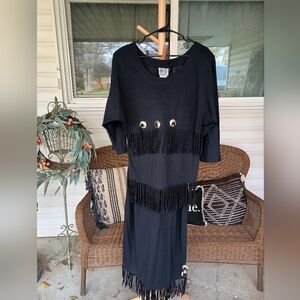 Vintage Set 411 Sportswear Black Fringe Top and Skirt with Button Accents_Med
